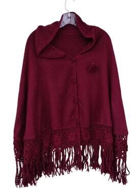 Alpaca Peru Diana Poncho Cloak Cape Crochet Fringe Brushed Rustic Burgundy O/S